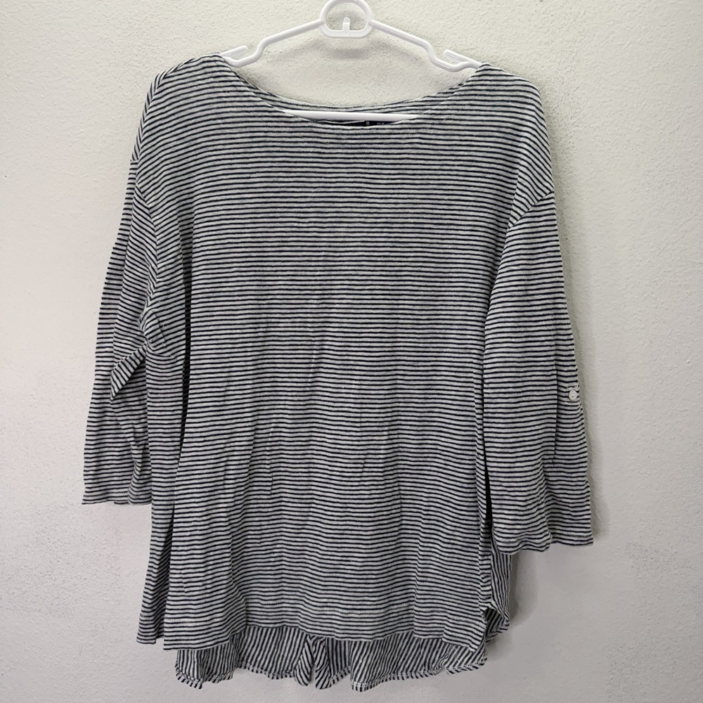 Adrienne Vittadini Top SZ 1X Gray Striped 100% Linen Roll Tab Sleeves Boat Neck